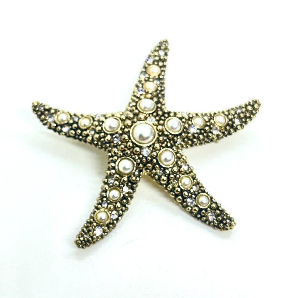 NAPIER STARFISH BROOCH Gold Tone Faux Pearl Rhinestone Nautical Coastal Signed